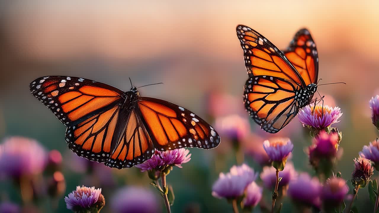 A Close Encounter with Monarch Butterflies Amidst Vibrant Blossoms in a Serene Garden Setting, Celebrating Nature's Splendor and Delicate Beauty