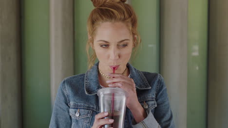 portrait of young red head woman student drinking iced tea wearing denim jacket