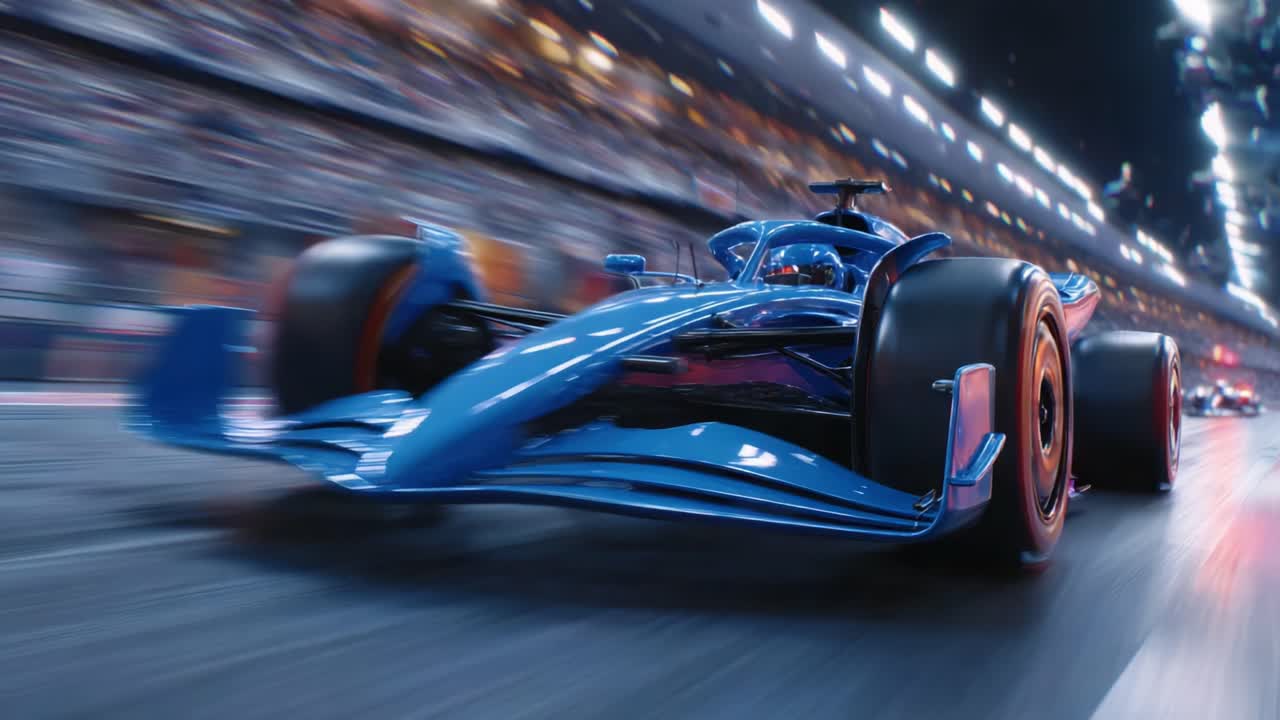 ダイナミックな青いレーシングカーが素晴らしいトラックを高速で加速し、背景のぼかしと明るい光でモータースポーツのスリルを捉えています。