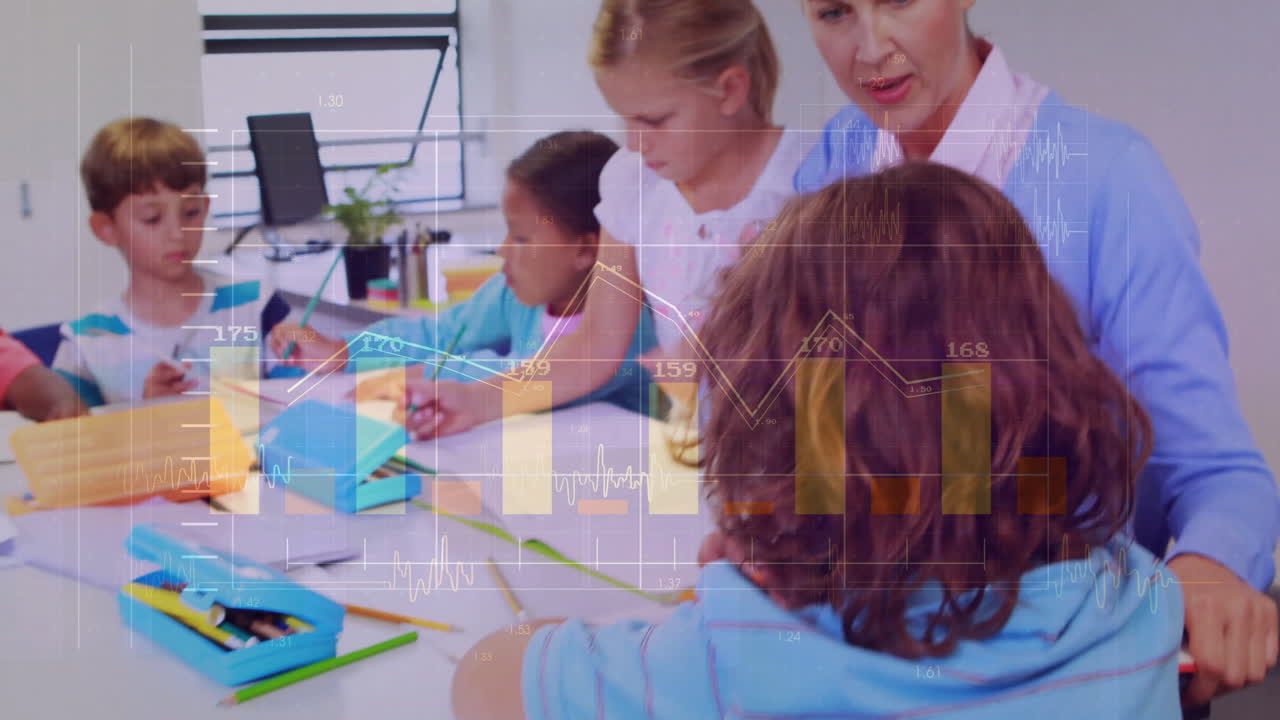 niños estudiando con el maestro, animación de datos financieros sobre la escena del aula