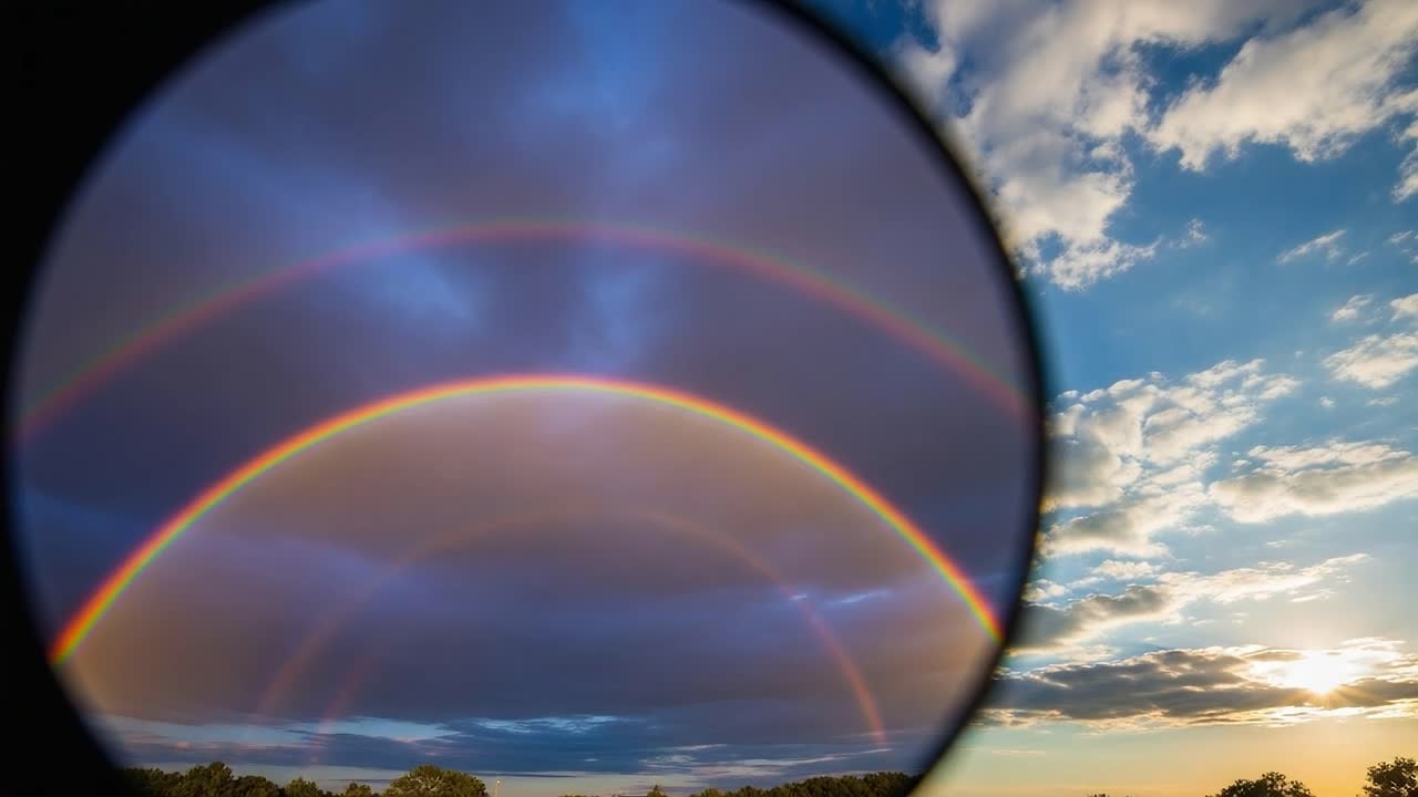 A Stunning Glimpse of a Double Rainbow Framed by Clouds and a Vibrant Sky, Illuminating the Scene with Nature's Beautiful Colors and Light Effects