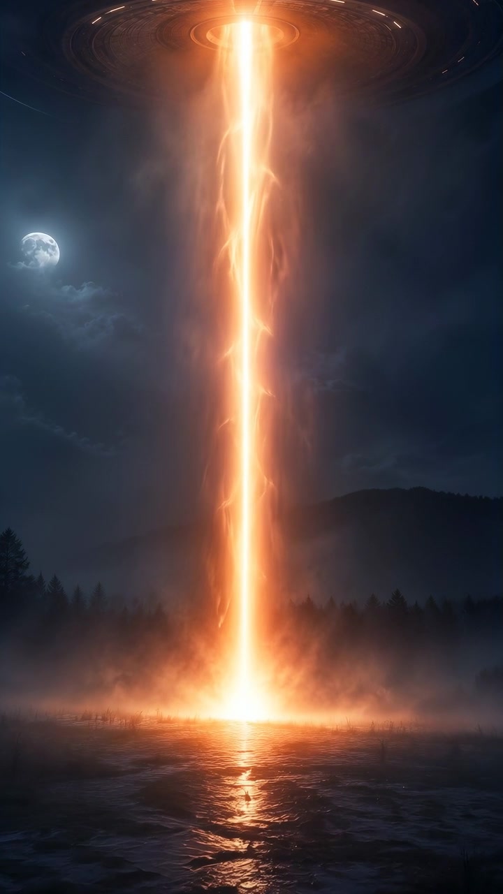 Una nave circular flotante emite un estrecho rayo de plasma naranja hacia el suelo mojado, creando un impacto brillante y resplandeciente junto a la niebla, un bosque oscuro, una cresta montañosa, nubes iluminadas por la luna y una intensa atmósfera nocturna.