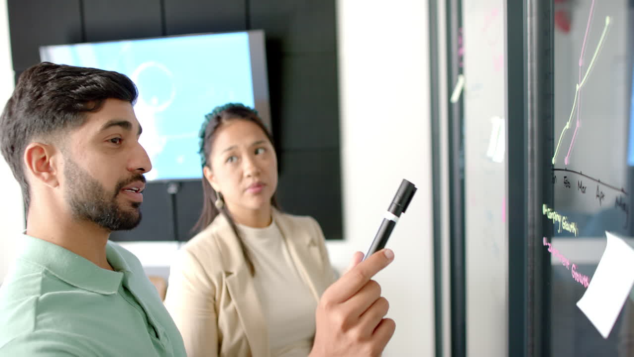 Presenting data on whiteboard, colleagues discussing business strategy in office