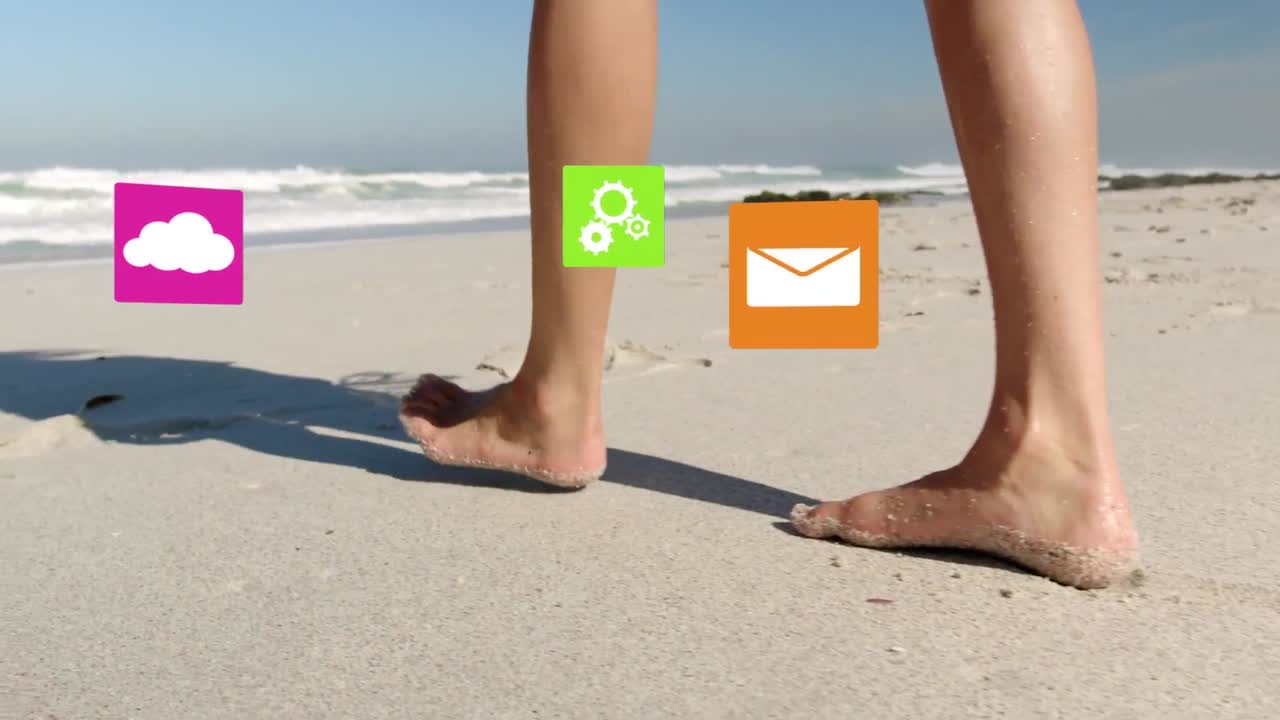 Animation of digital icons over caucasian woman at beach