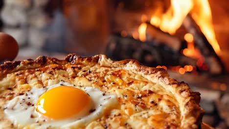 a quiche with an egg on top of it sitting on a table next to a fire