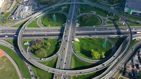 aerial view of a freeway intersection traffic trails in moscow.