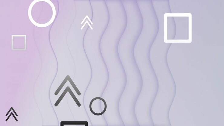 Animation of floating geometric shapes and arrows over wave pattern against abstract background