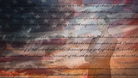 american flag behind woman in business suit and the written constitution of the united states