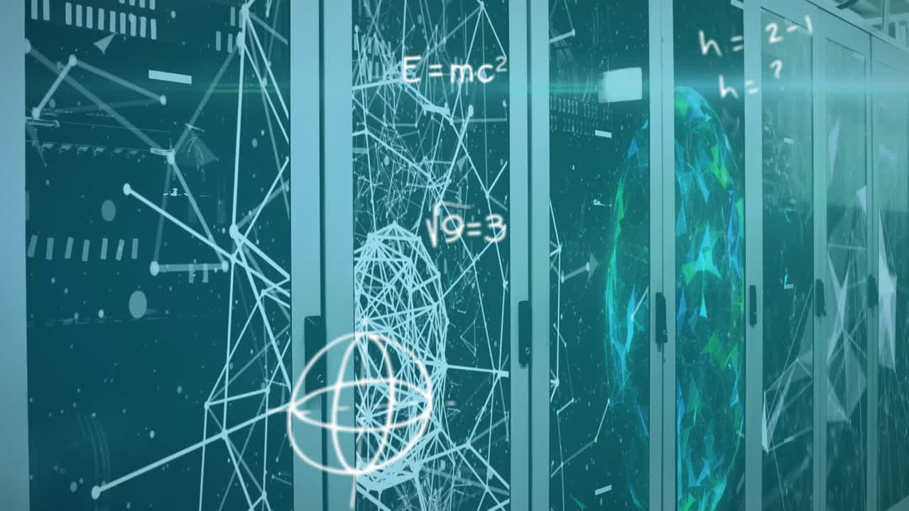 Digital video shows animated math equations and white webs on screens.