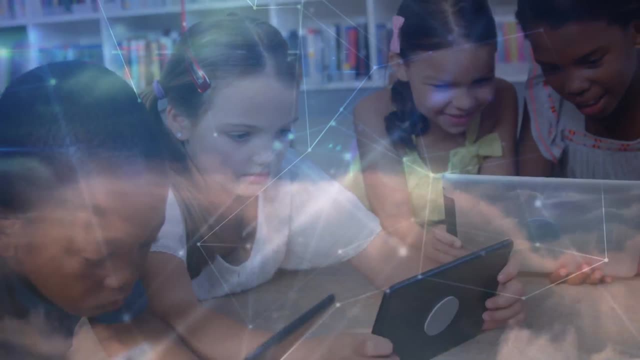 태블릿을 사용하는 학교 아이들을 통해 연결 네트워크의 애니메이션