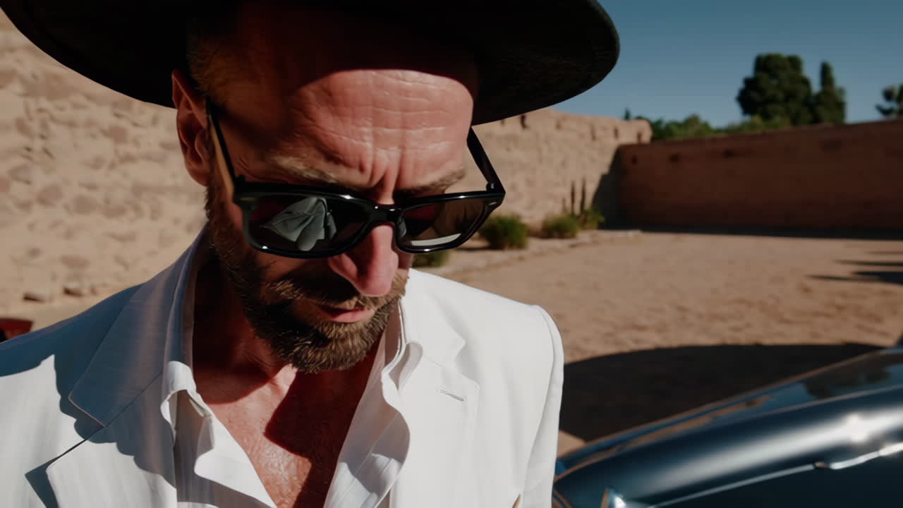 Stylish Man Posing Near a Classic Car