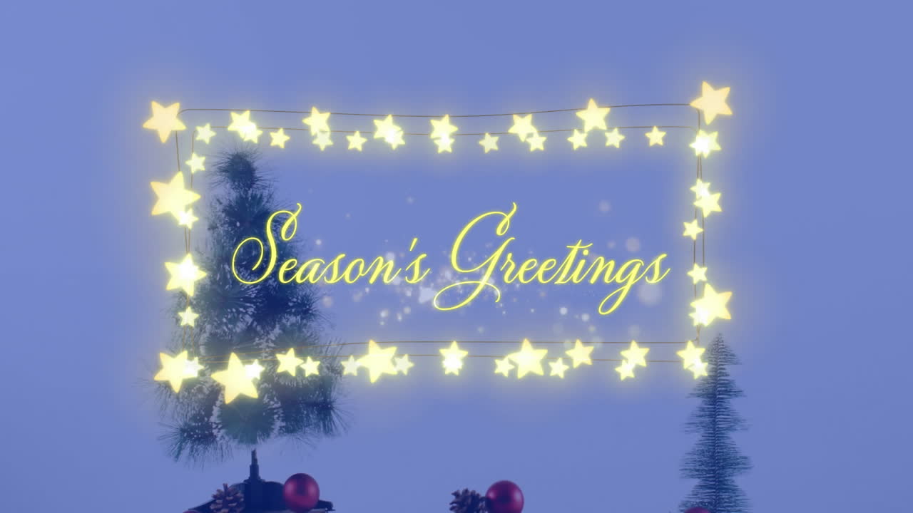 Season Greetings text animation over glowing star lights and Christmas decorations