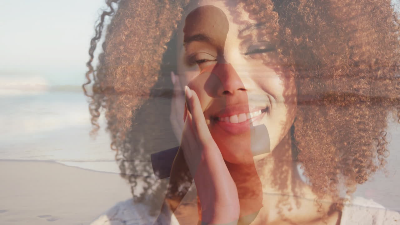 Woman touching cheek and smiling, blending portrait silhouette with flowing ocean waves for design