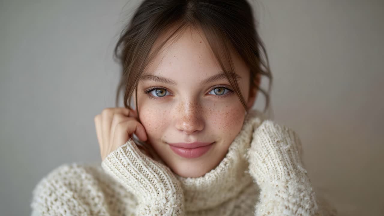 Captivating Portrait of a Young Woman with Freckles Wearing a Cozy Sweater, Showcasing Natural Beauty and an Enchanting Smile in a Soft, Subtle Background