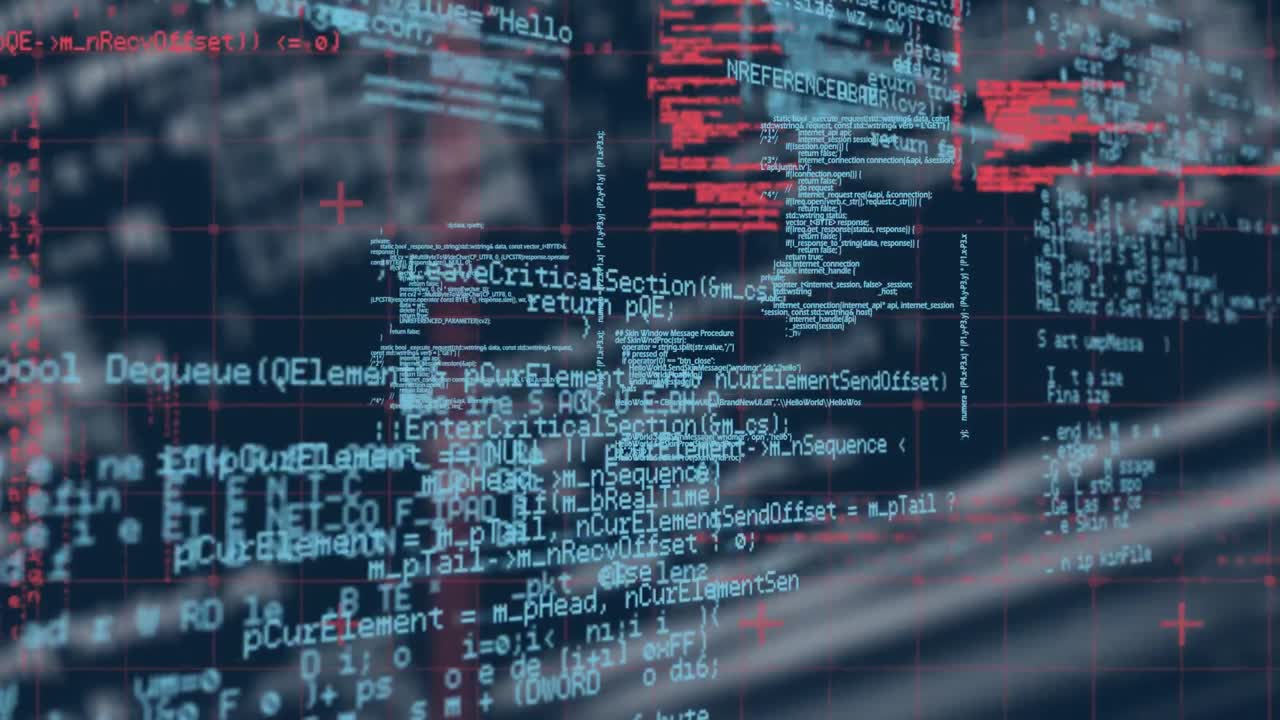 Digital animation of data processing over grid network against blue background