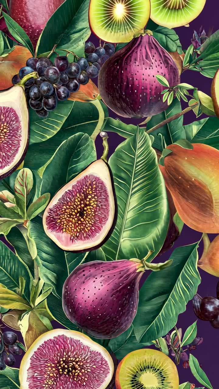 Vibrant, close-up video still of assorted fruits and leaves, showcasing a lush, tropical style