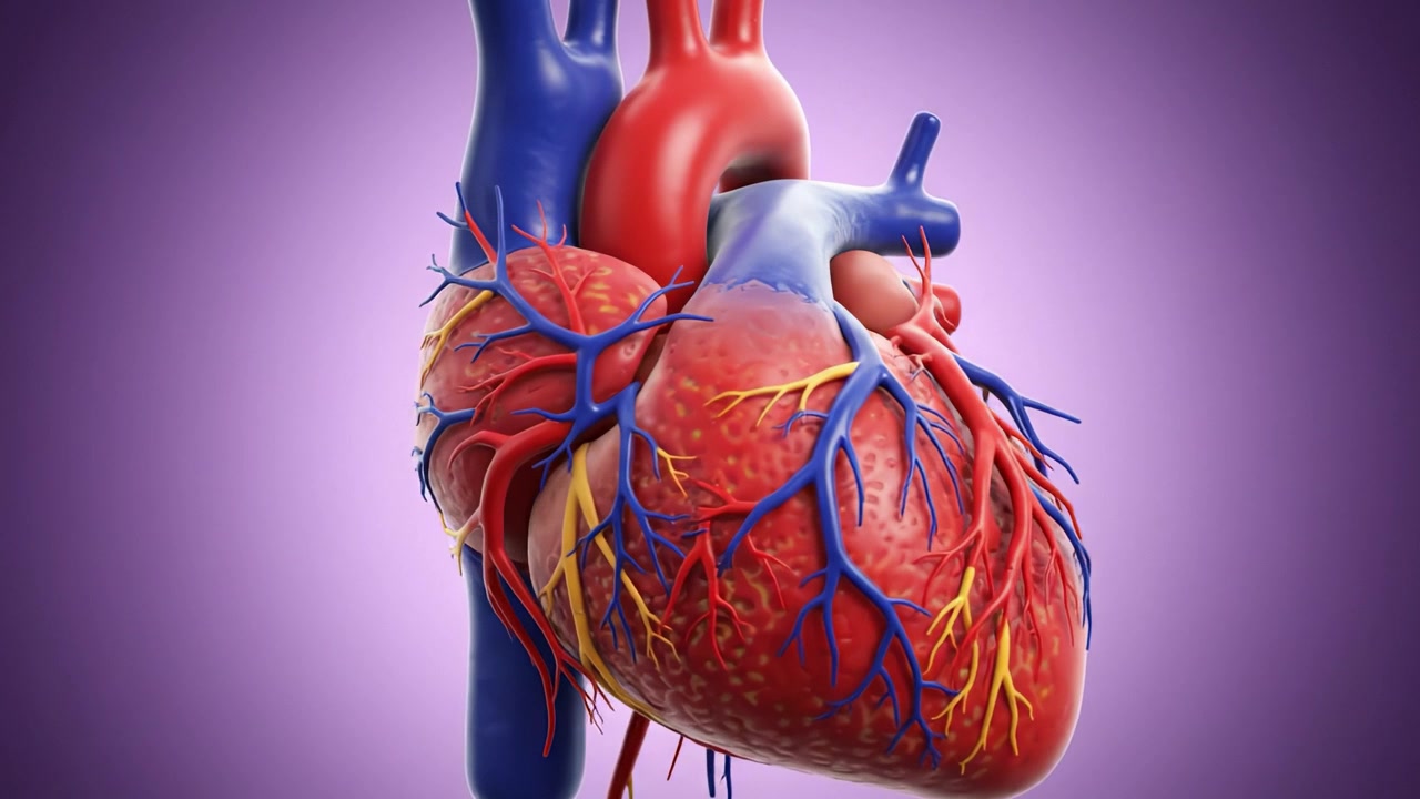 Stylized 3D Representation of a Heart with Detailed Vascular Architecture Showcasing Arteries and Veins Against a Soft Purple Background