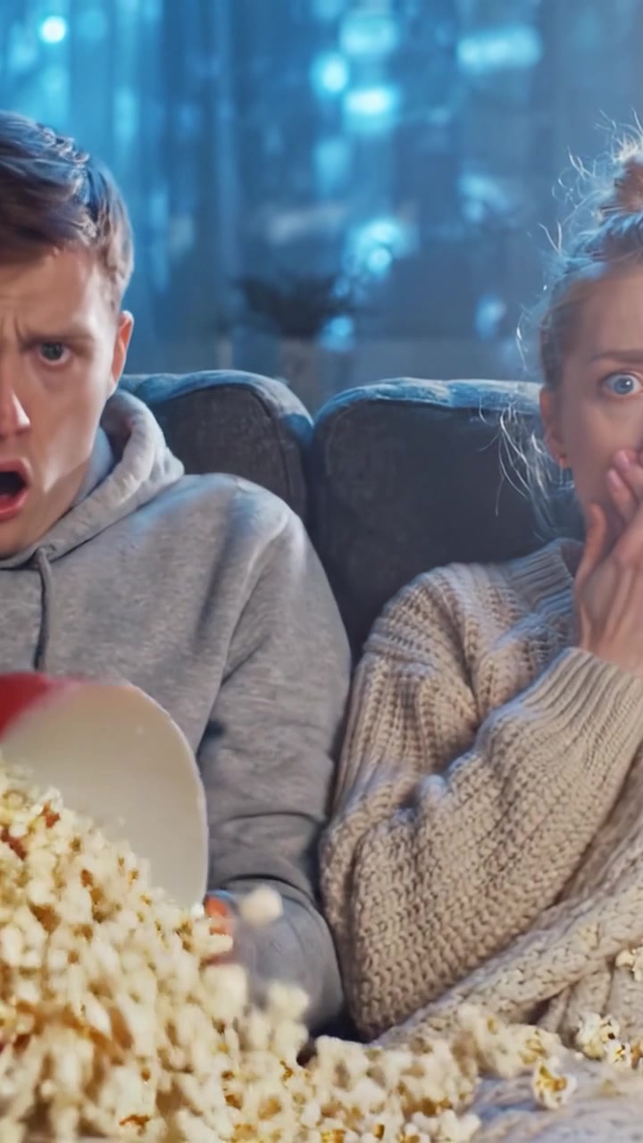 En dramatisk filmkveldsopplevelse: Et pars blandede reaksjoner på en spennende scene fylt med popcorn og koselige tepper