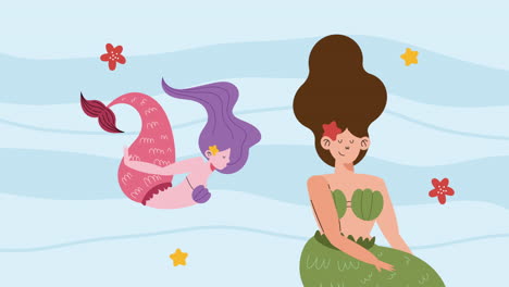 two beautiful fairy tale mermaids swiming animation