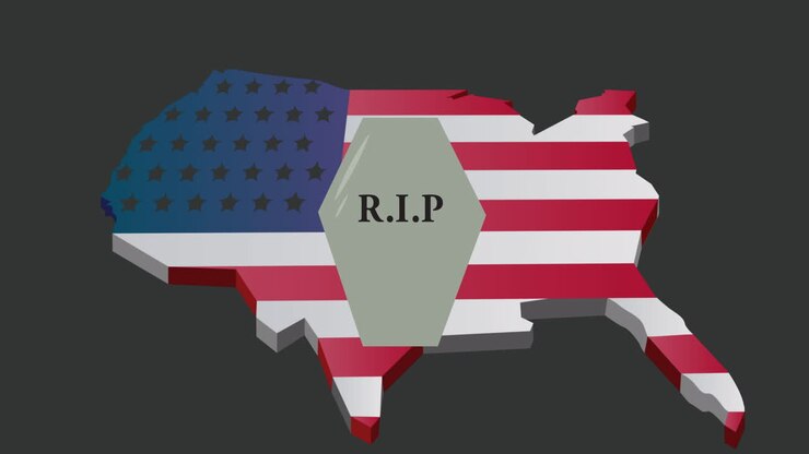Animation af RIP-tekst over kort med USA's flag