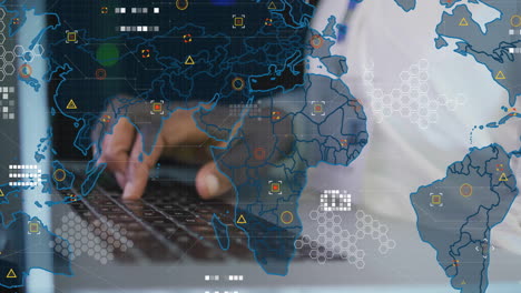 animation of financial data processing over african american man using laptop
