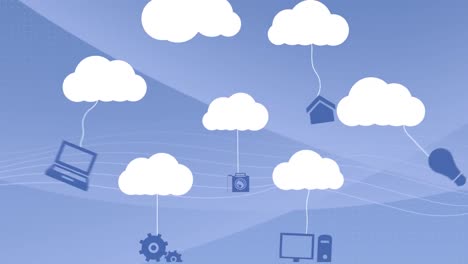 Blue cloud moving with networks icons on white background