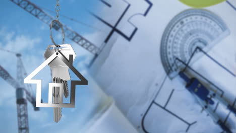 llaves de la casa y llaves colgando sobre dibujos arquitectónicos y grúas en el fondo