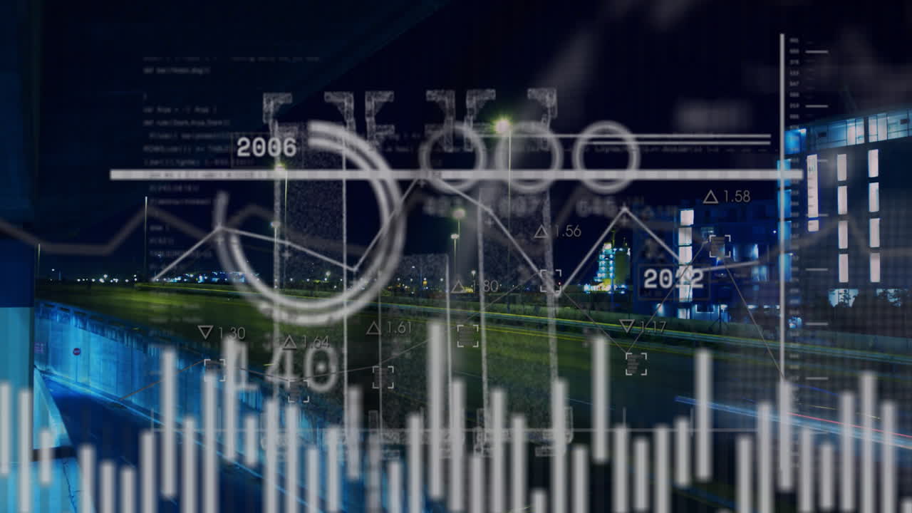 animación de datos financieros y gráficos sobre el paisaje urbano por la noche