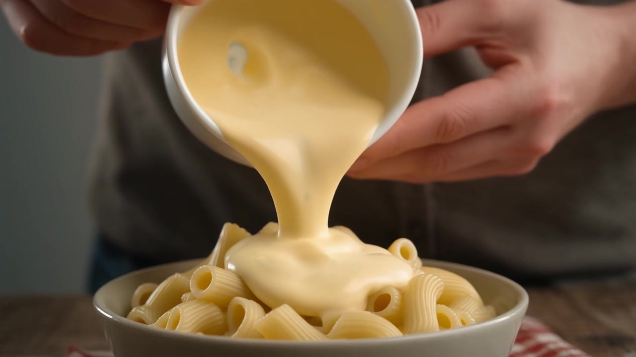 Versare salsa cremosa al formaggio su rigatoni cotti