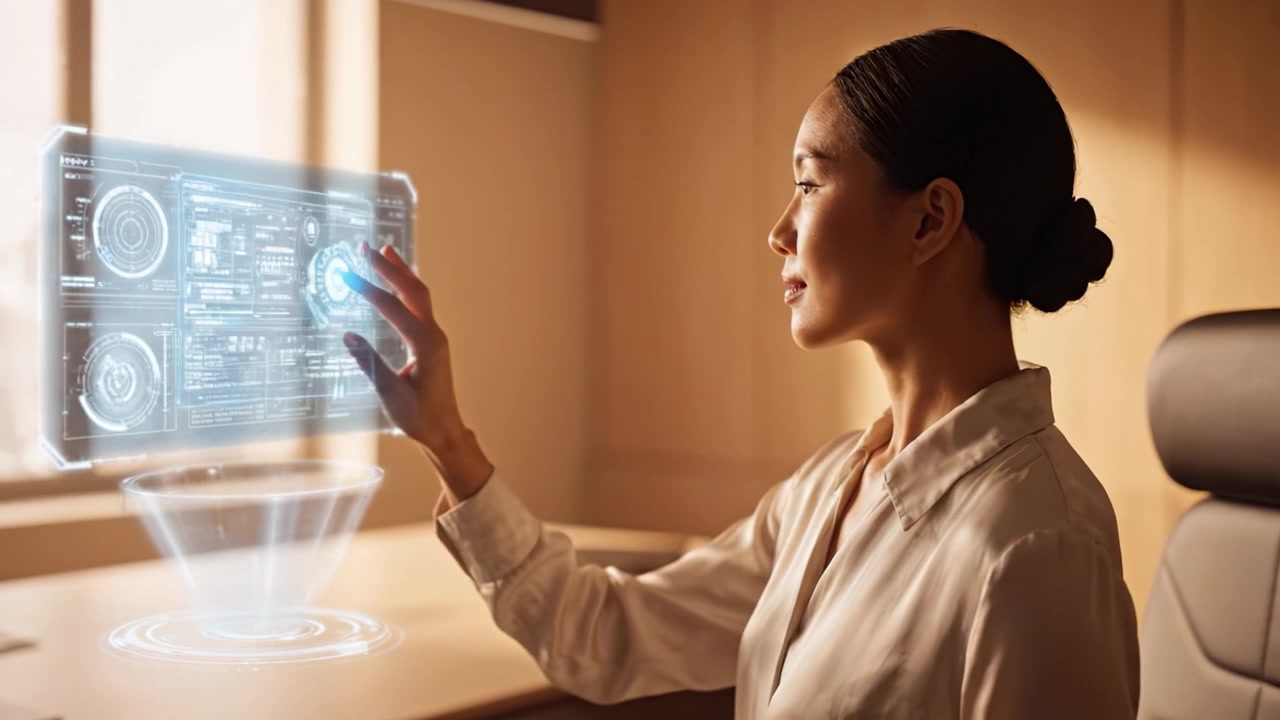 Focused Woman Analyzing Future Data Insights in a Modern Workspace with Futuristic Holographic Interface Highlighting Information and Metrics for Decision-Making