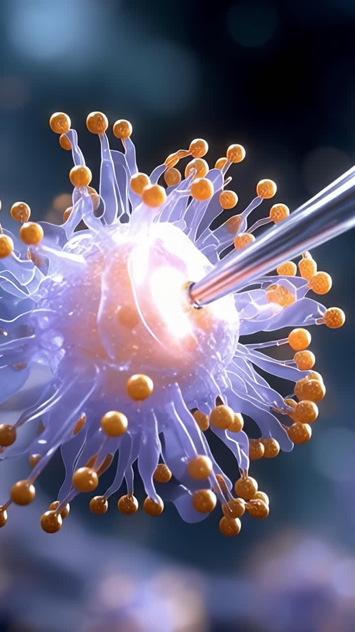 Mikroskopisk udsigt over en celle med farverige udvækster og dråbeinteraktion, der viser indviklede detaljer om biologisk struktur og funktionalitet