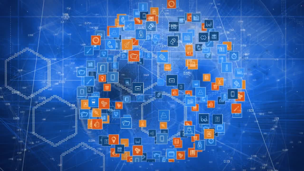 animación de un globo giratorio de iconos conectados a través de la red y procesamiento de datos en azul