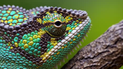 close-up of a colorful chameleon's eye and scaly skin