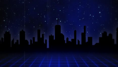 Blue-squared-floor-moving-over-dark-city-against-blue-universe-background-4k