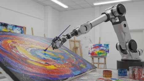 innovative robotic arm creates masterpieces: a modern fusion of art and technology in a vibrant studio environment