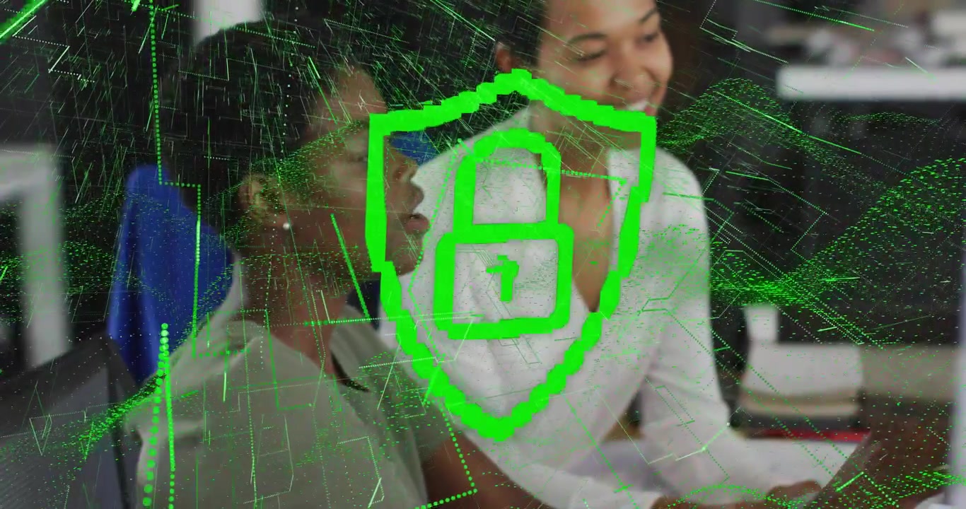 Business colleagues collaborating as green shield countdown animating data and forming secure lock