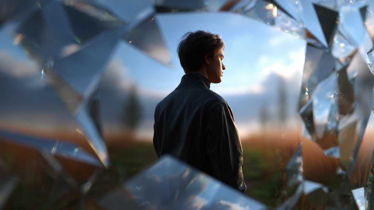 Uma Reflexão Profunda sobre a Vida Através de Vidros Estilhaçados: Um Jovem Contempla uma Paisagem Serena, Capturando a Essência da Introspecção e da Vulnerabilidade.
