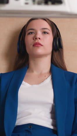 mujer se involucra con podcast usando auriculares. joven estudiante se sienta entre estanterías viendo materiales educativos. ocio en el entorno del campus