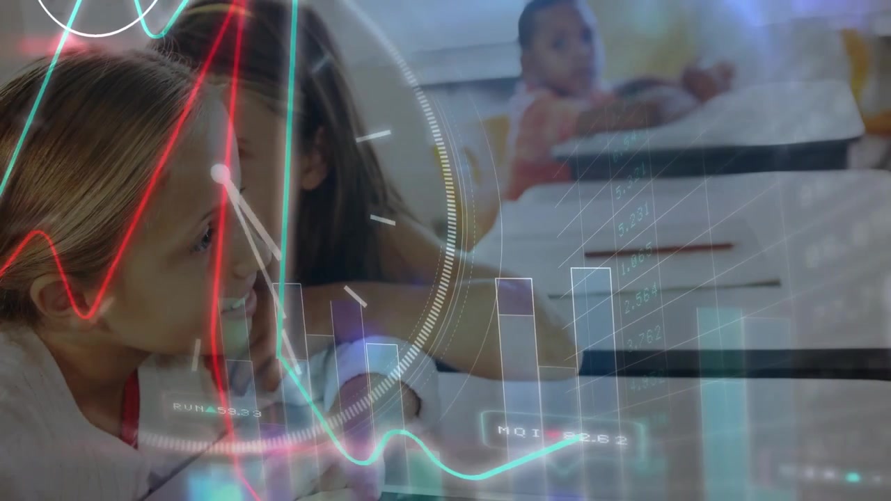 Schoolgirls at desks whispering as data charts fading in during class break with boy observing