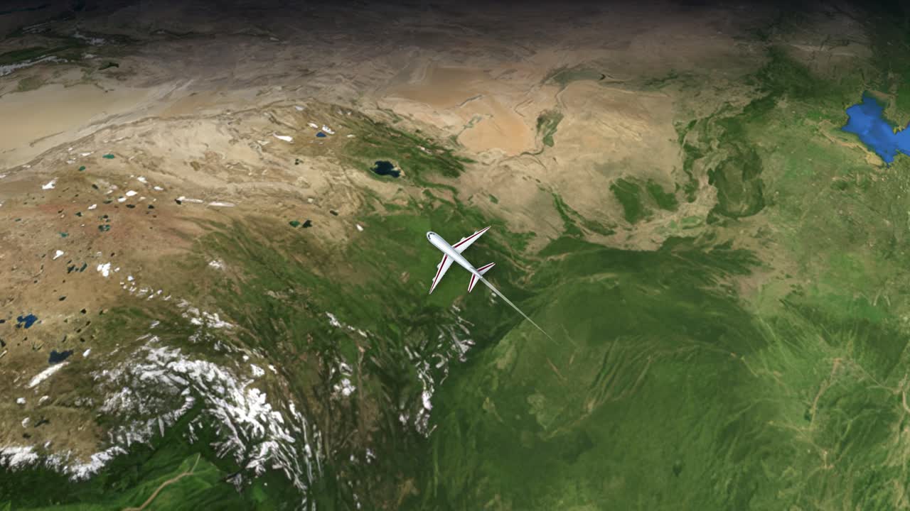 En digital animasjon sporer et kommersielt fly som flyr over kontinenter fra Kina til Tyskland