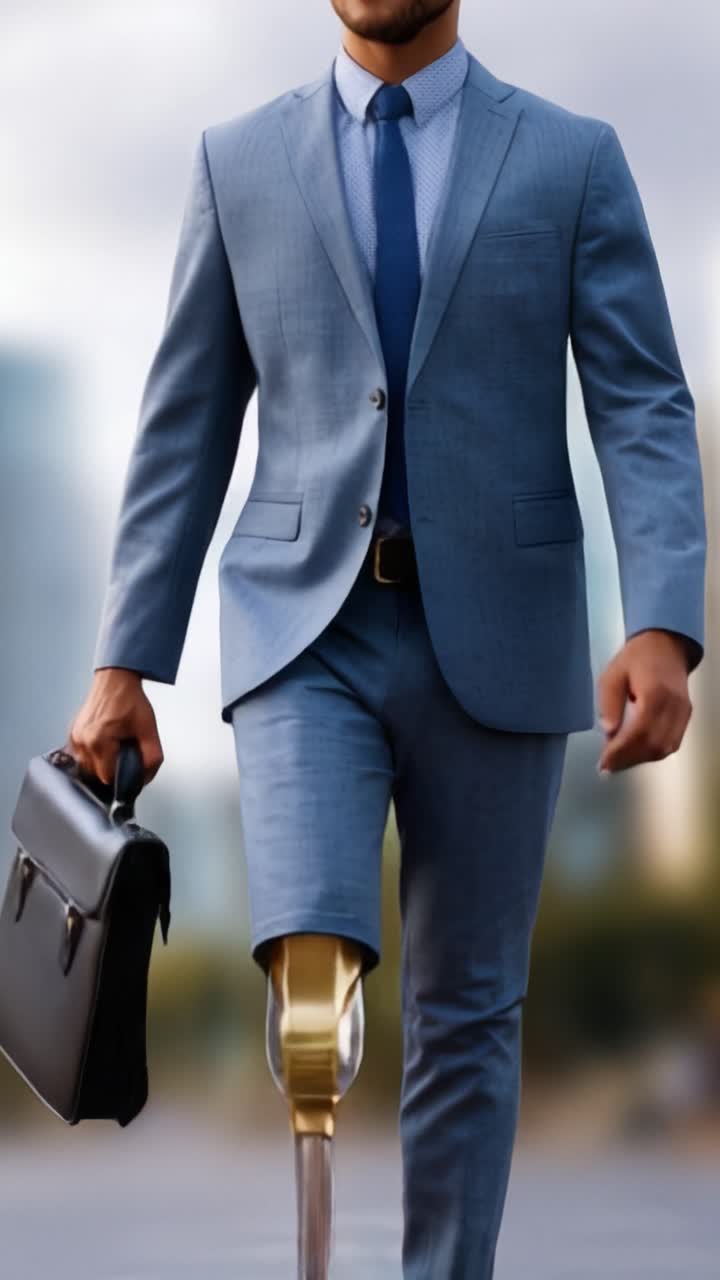 Uomo d'affari fiducioso che cammina con una valigetta, mostrando resilienza e stile mentre indossa un abito elegante e sfoggia una gamba protesica.