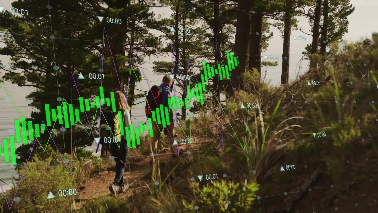 Hikers entering from left, walking coast trail, with green charts shifting for finance