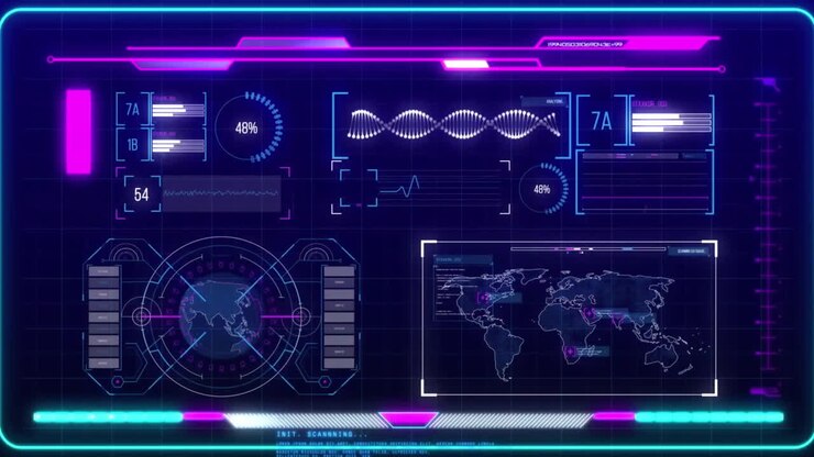Animation of data processing on glowing charts, graphs and world map on dark interface screen