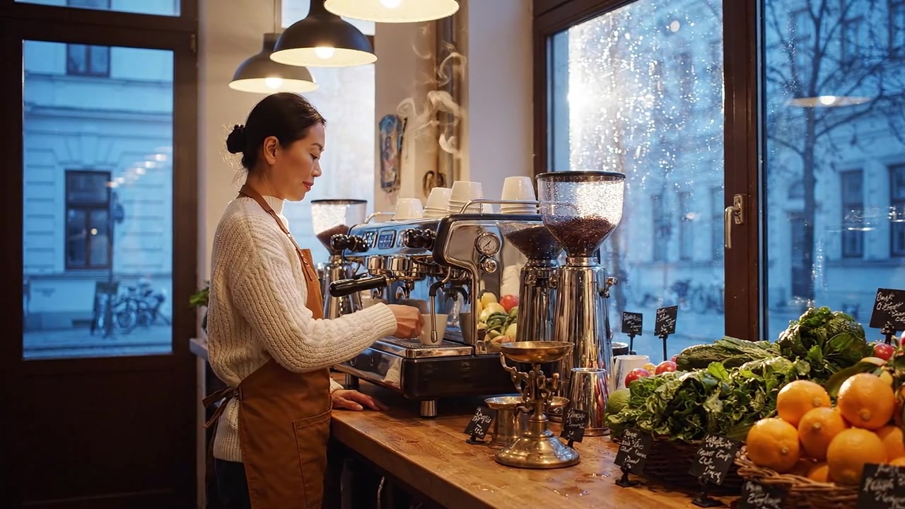 Un barista si gode un momento tranquillo in un accogliente caffè, circondato da prodotti freschi e dalla morbida luce del mattino, mentre la pioggia cade fuori dalla finestra.