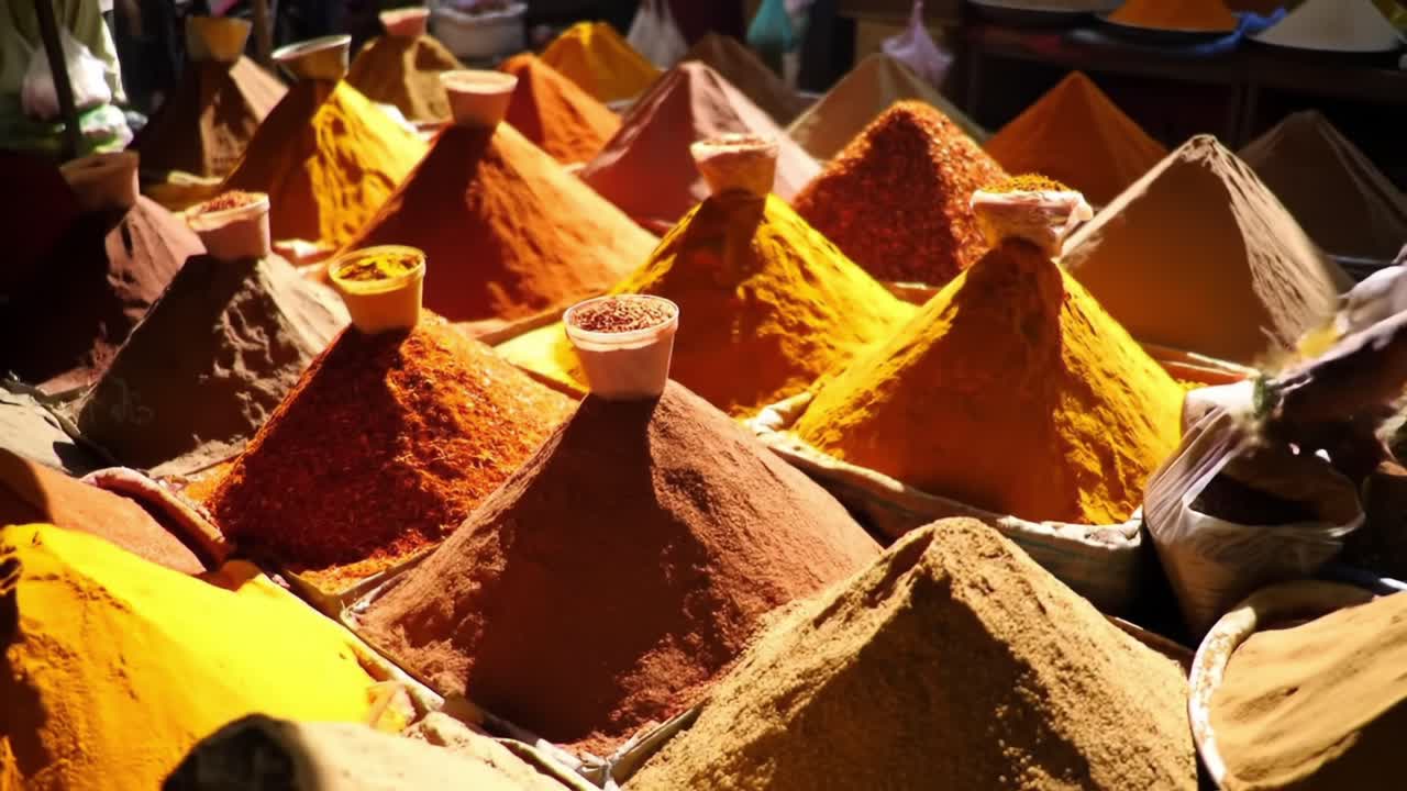 A Vibrant Display of Colorful Spices in a Bustling Market, Showcasing an Array of Rich Tones from Yellow to Red Piled High in Natural Containers
