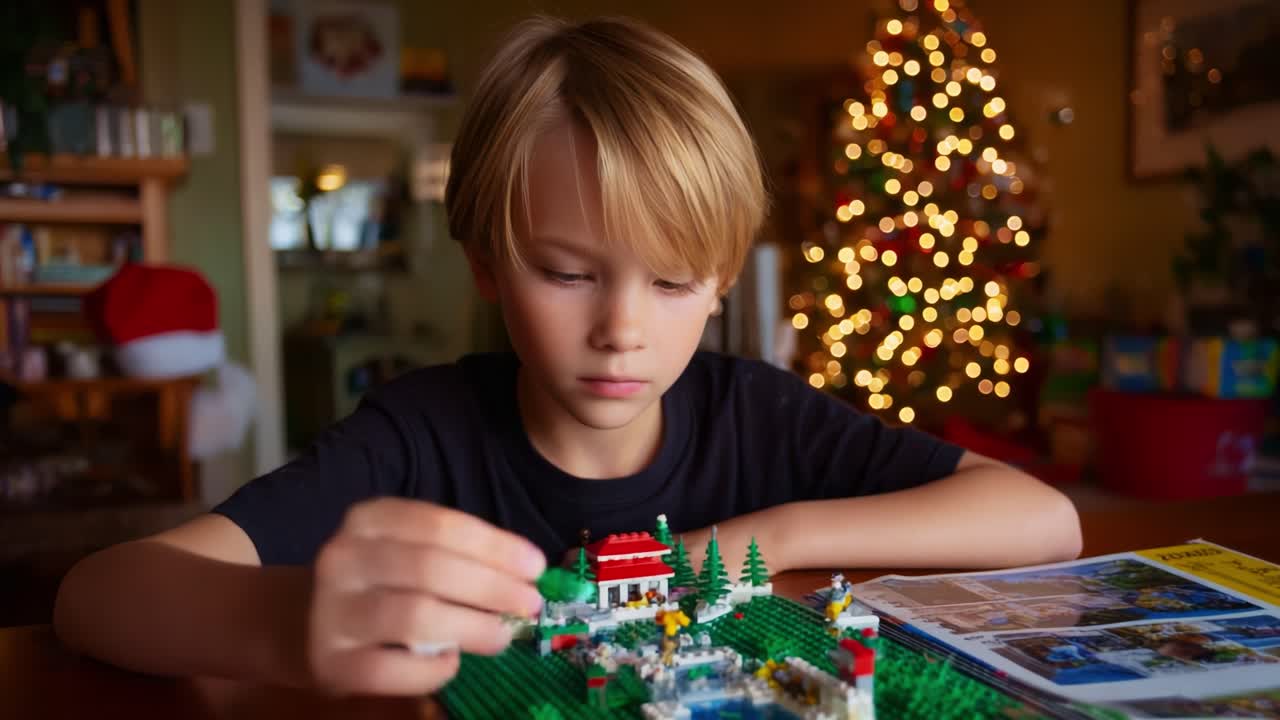 A Young Boy Builds a Christmas Wonderland with LEGO, Creating a Magical Holiday Scene Surrounded by Twinkling Lights and Cheerful Decorations in His Cozy Home