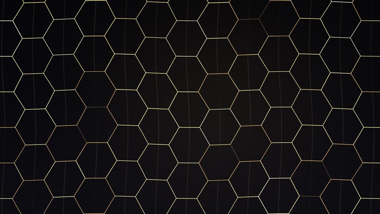 A honeycomb-like pattern of gold hexagons with subtle reflections and refractions against a dark background, creating a shimmering abstract effect