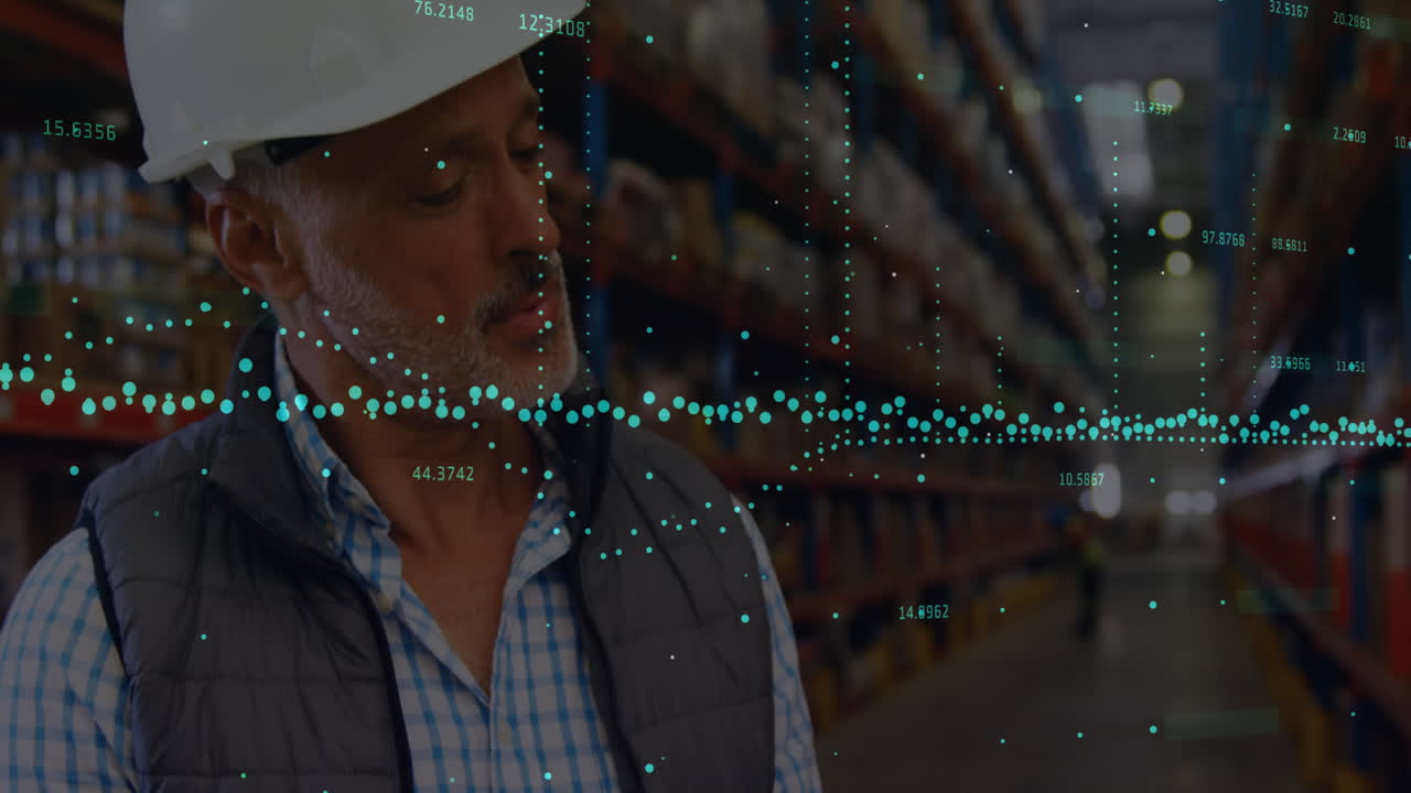 Animation of financial data processing over people working in warehouse