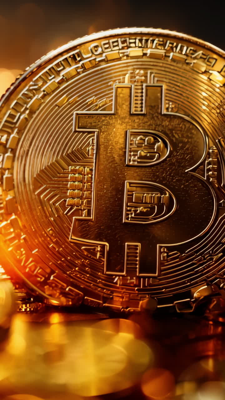 A shiny gold coin with the letter B on it is placed on top of a pile of other gold coins. The coins are scattered around the B coin, creating a visually appealing and luxurious scene