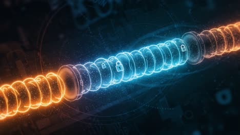 an energetic display of interconnected rings: exploring the flow of data between two vibrant energy streams represented by blue and orange hues